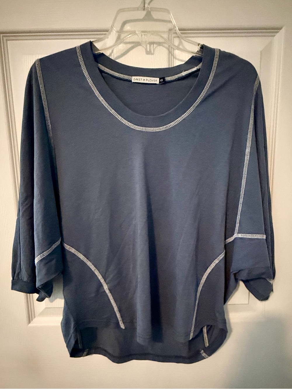 Slate Blue Long-Sleeve Relaxed Top with Contrast Stitching